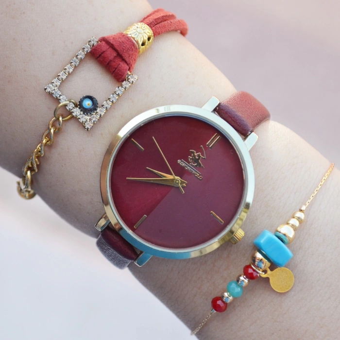 Bordo Deri Kordon Kadın Saat Kombini 2451