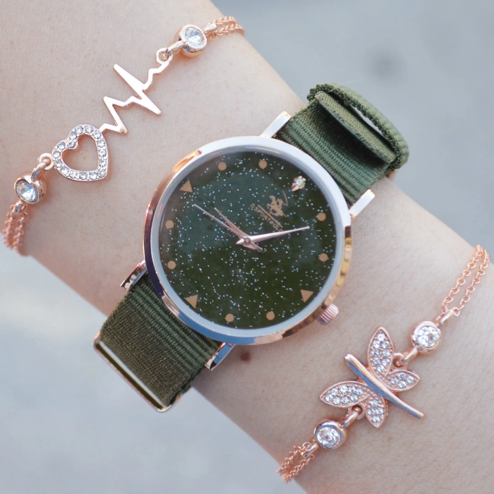 Yeşil Kumaş Kordon Kadın Saat Kombini 2452