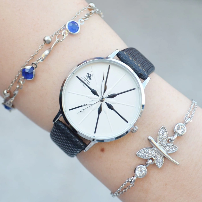 Siyah Deri Kordon Kadın Saat Kombini 2455