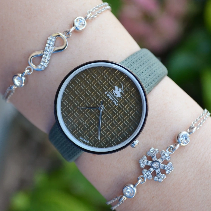 Yeşil Deri Kordon Kadın Saat Kombini 2458