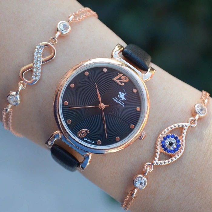 Siyah Deri Kordon Kadın Saat Kombini 2461