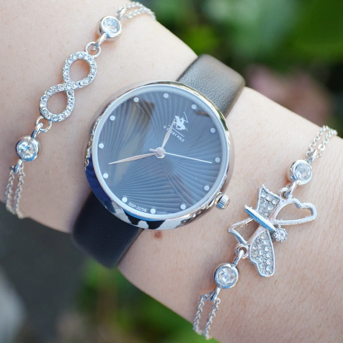 Siyah Deri Kordon Kadın Saat Kombini 2464