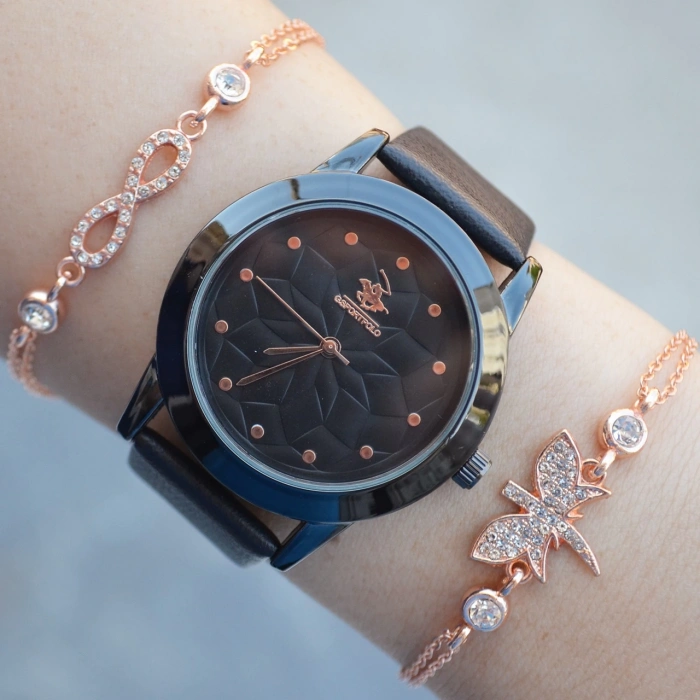 Siyah Deri Kordon Kadın Saat Kombini 2470