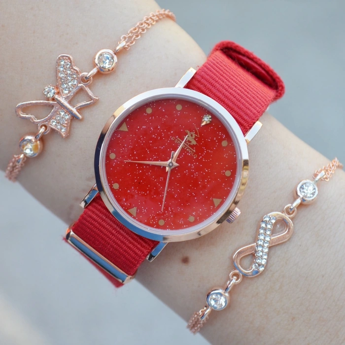 Kırmızı Kumaş Kordon Kadın Saat Kombini 2475