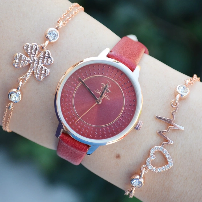 Kırmızı Deri Kordon Kadın Saat Kombini 2478