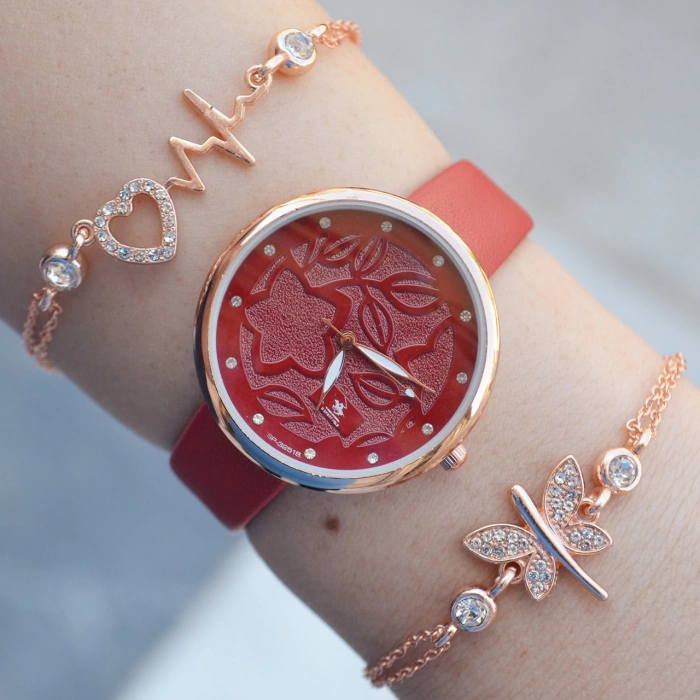 Kırmızı Deri Kordon Kadın Saat Kombini 2482