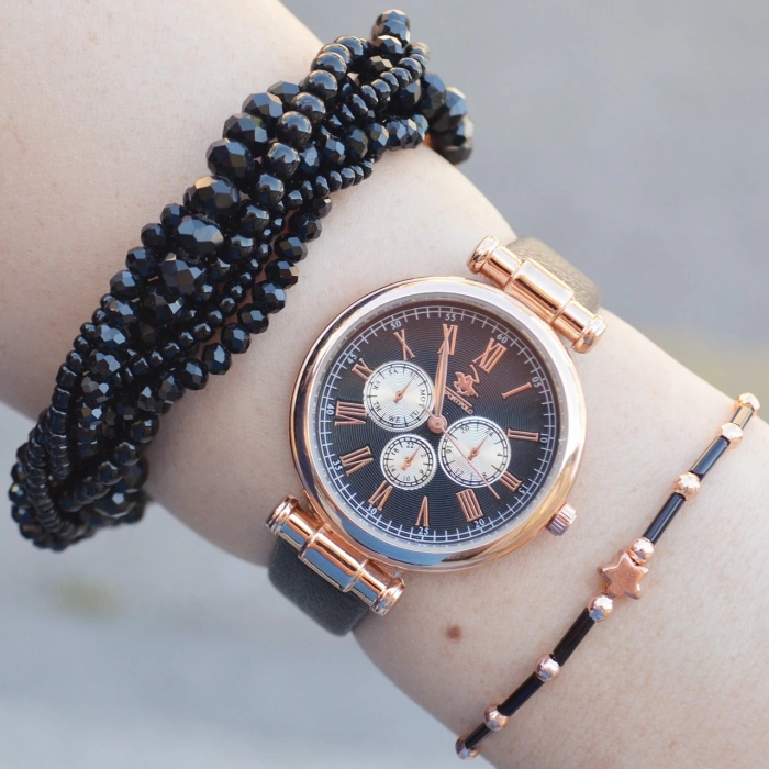 Siyah Deri Kordon Kadın Saat Kombini 2483