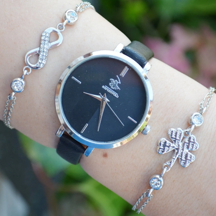 Siyah Deri Kordon Kadın Saat Kombini 2487