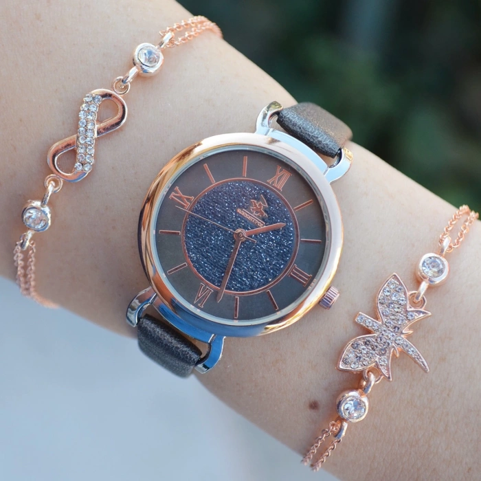 Koyu Gri Deri Kordon Kadın Saat Kombini 2489