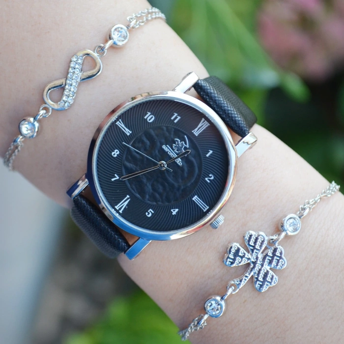 Siyah Deri Kordon Kadın Saat Kombini 2490