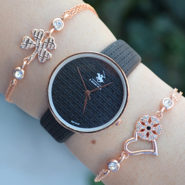 Siyah Deri Kordon Kadın Saat Kombini 2491