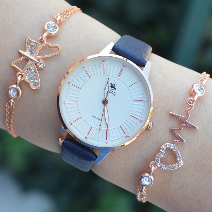 Lacivert Deri Kordon Kadın Saat Kombini 2492