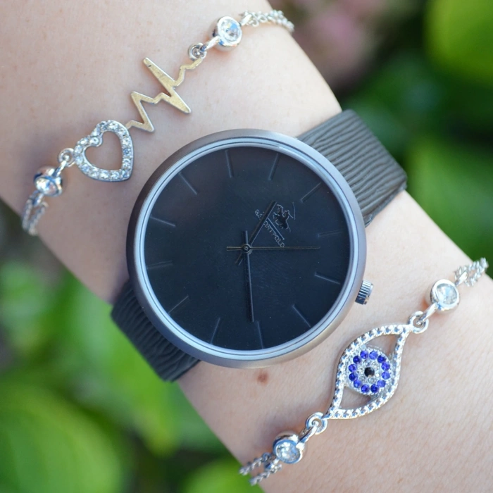 Siyah Deri Kordon Kadın Saat Kombini 2493