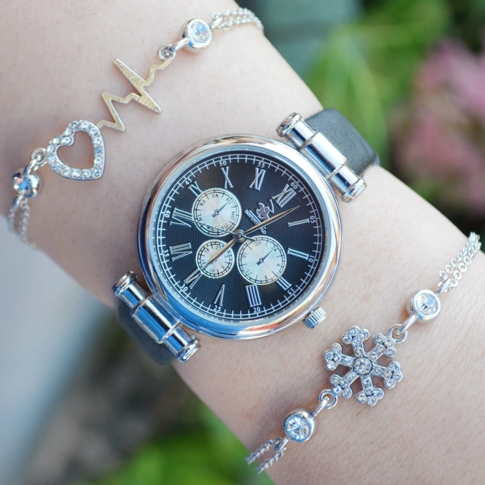 Siyah Deri Kordon Kadın Saat Kombini 2497