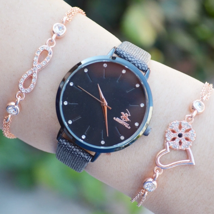 Gri Deri Kordon Kadın Saat Kombini 2500