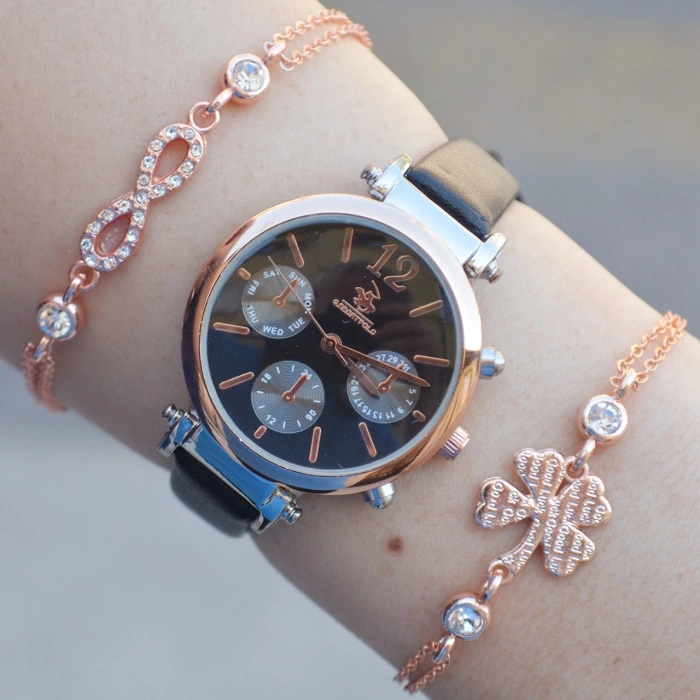 Siyah Deri Kordon Kadın Saat Kombini 2504