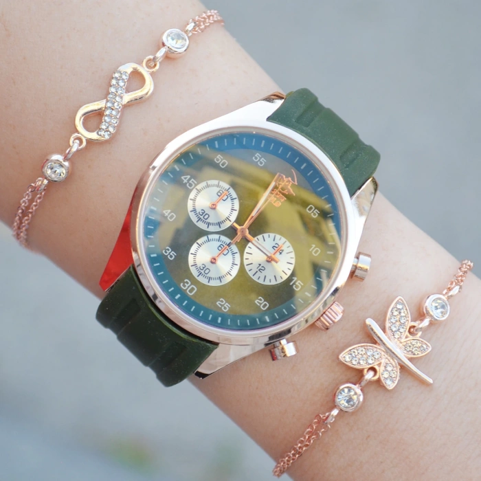 Yeşil Silikon Kordon Kadın Saat Kombini 2507