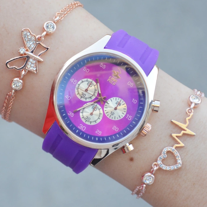 Mor Silikon Kordon Kadın Saat Kombini 2508