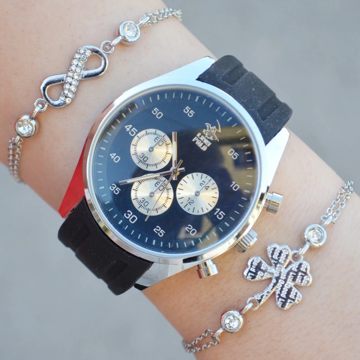 Siyah Silikon Kordon Kadın Saat Kombini 2509