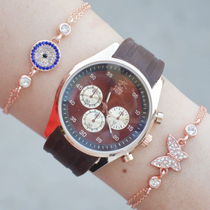 Kahverengi Silikon Kordon Kadın Saat Kombini 2511