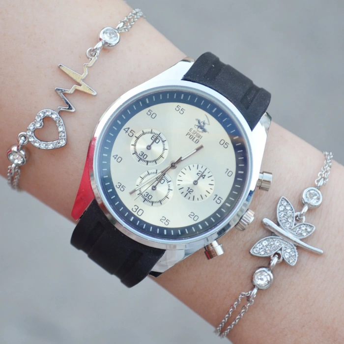 Siyah Silikon Kordon Kadın Saat Kombini 2516