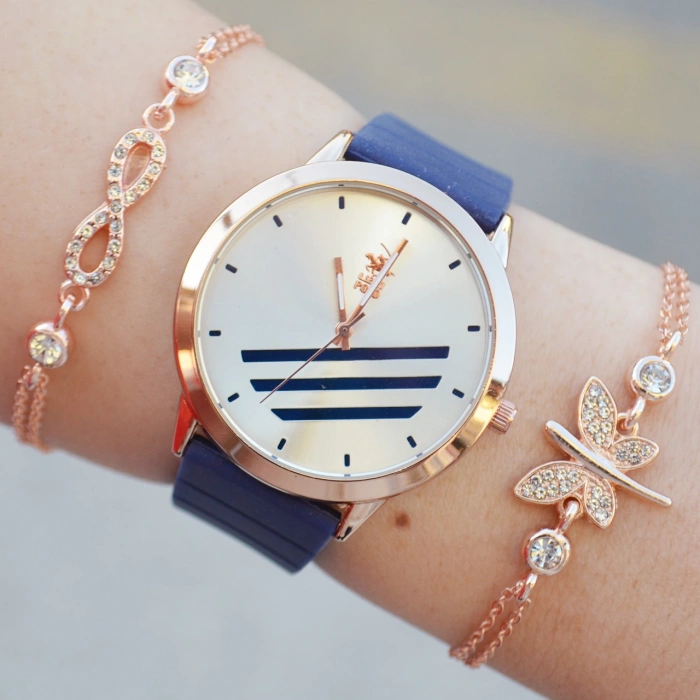 Koyu Mavi Silikon Kordon Kadın Saat Kombini 2519