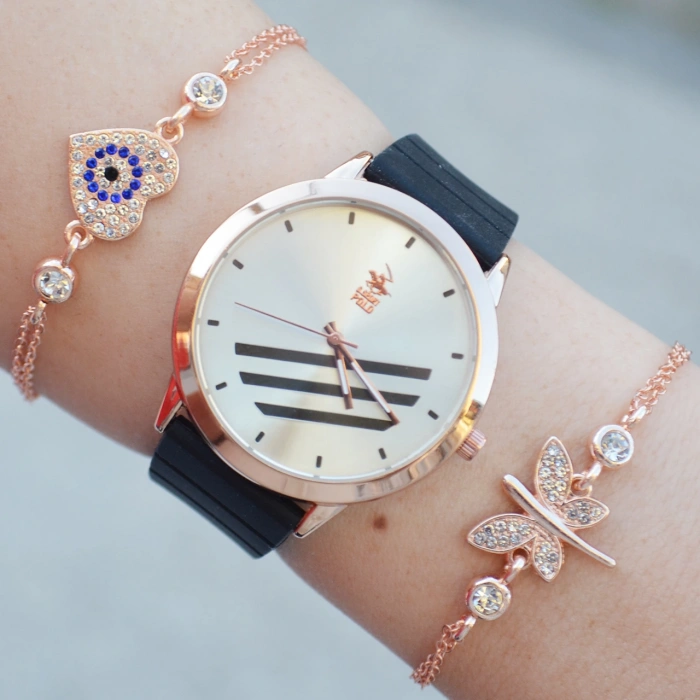 Siyah Silikon Kordon Kadın Saat Kombini 2523