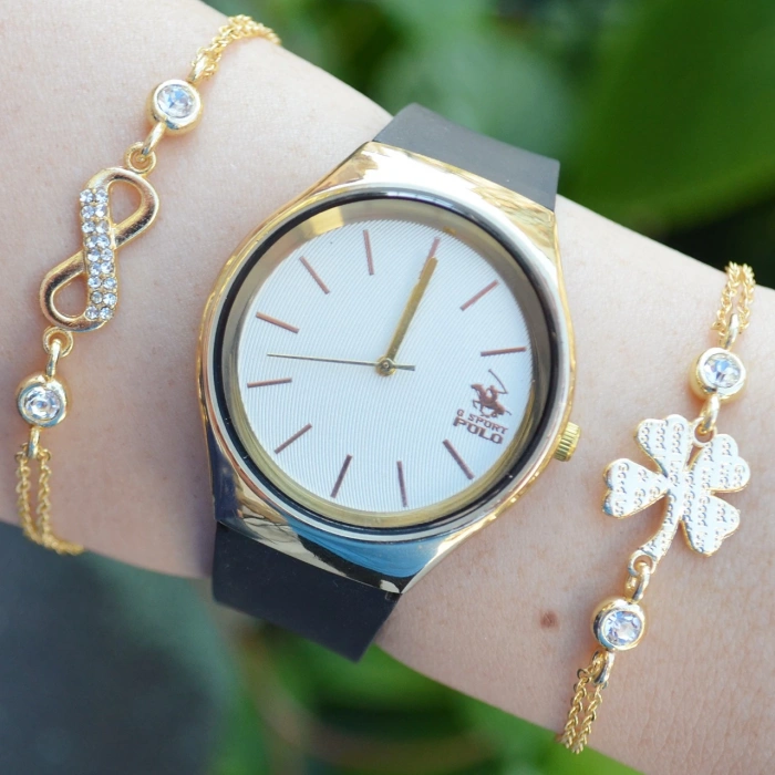 Siyah Silikon Kordon Kadın Saat Kombini 2533