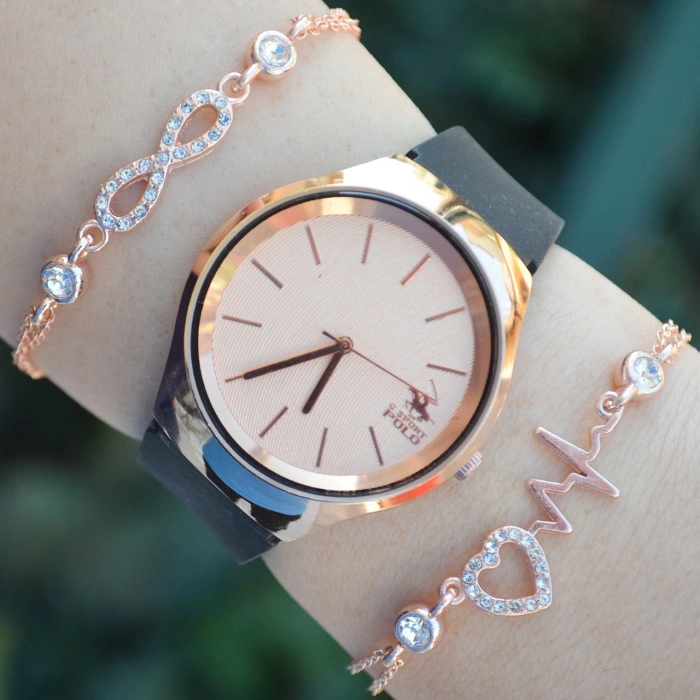 Siyah Silikon Kordon Kadın Saat Kombini 2536