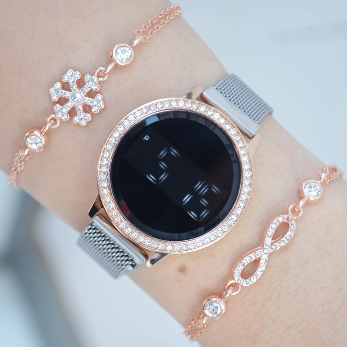 Silver Hasır Mıknatıslı Kordon Dijital Kadın Saat Kombini 2543