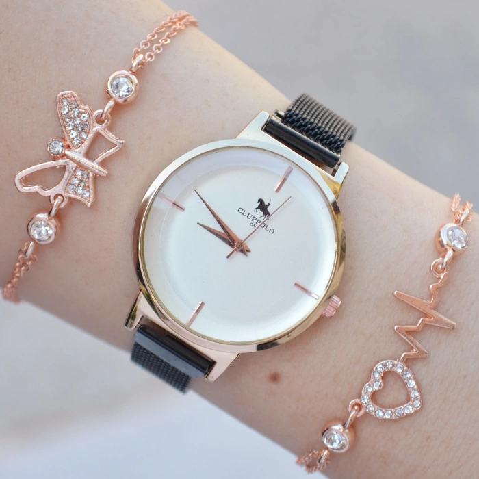 Siyah Rose Mıknatıslı Hasır Kordon Kadın Saat Kombini 2556