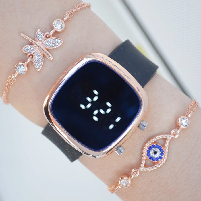 Siyah Silikon Kordon Dijital Kadın Saat Kombini 2562