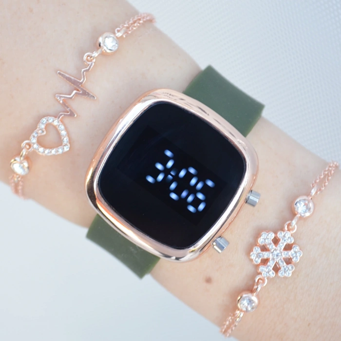 Yeşil Silikon Kordon Dijital Kadın Saat Kombini 2566