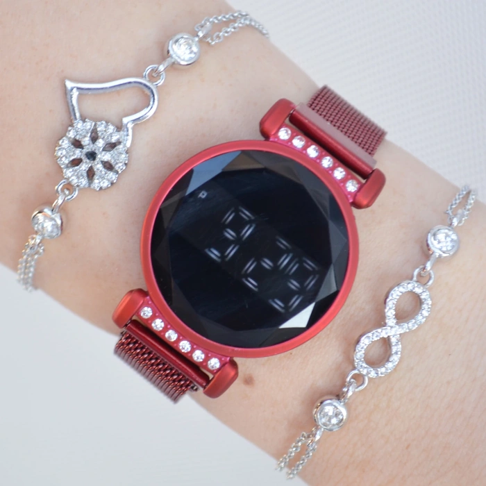 Kırmızı Hasır Mıknatıslı Kordon Dokunmatik Dijital Kadın Saat Kombini 2569