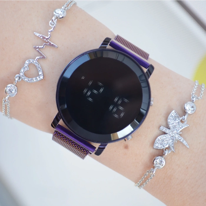 Mor Mıknatıslı Hasır Kordon Dijital Kadın Saat Kombini 2574
