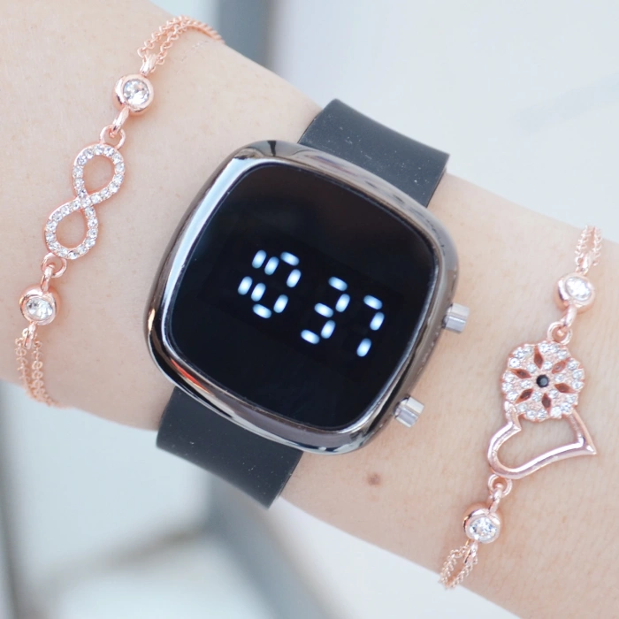 Siyah Silikon Kordon Dijital Kadın Saat Kombini 2580