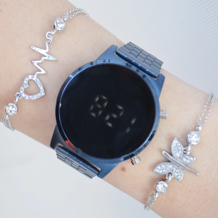 Mavi Metal Kordon Dijital Kadın Saat Kombini 2581