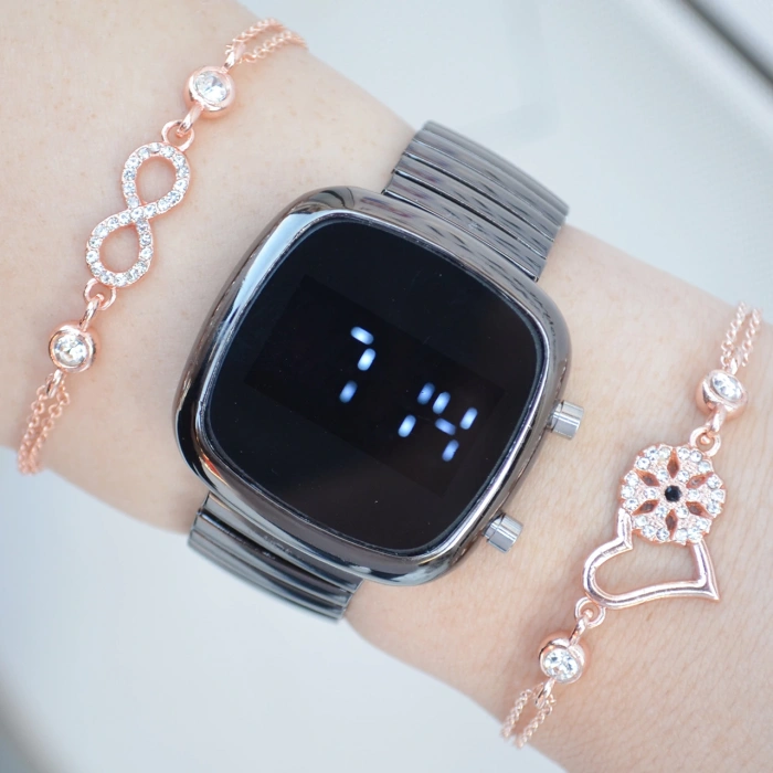 Siyah Metal Kordon Dijital Kadın Saat Kombini 2589