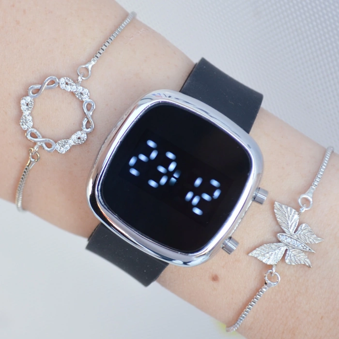 Siyah Silikon Kordon Dijital Kadın Saat Kombini 2600