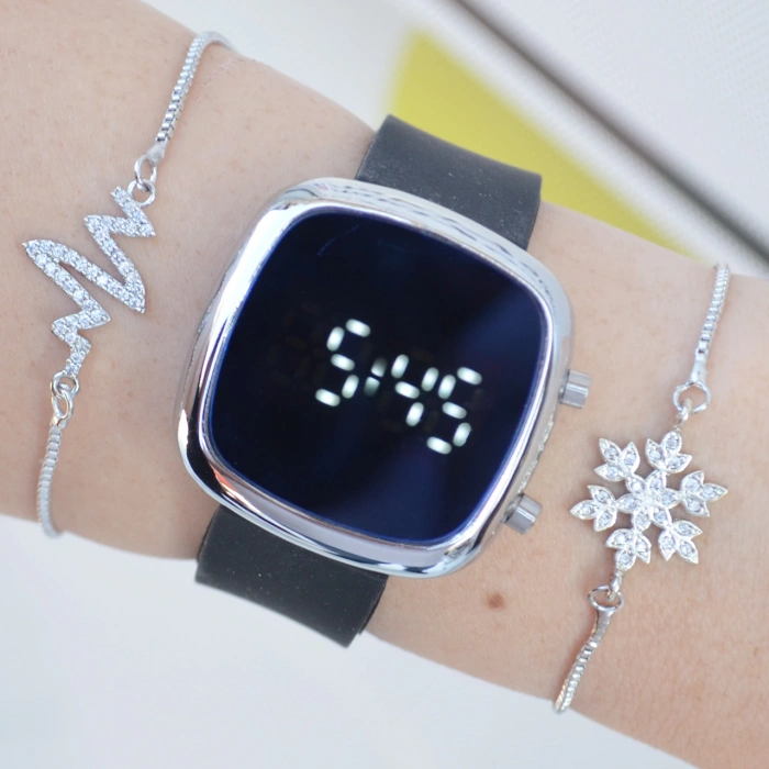 Siyah Silikon Kordon Dijital Kadın Saat Kombini 2601