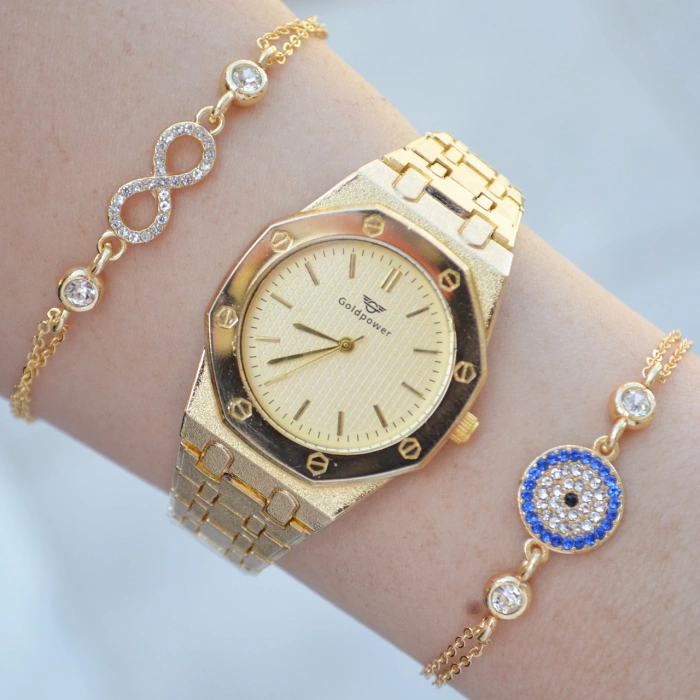 Gold Metal Kordon Kadın Saat Kombini 2606