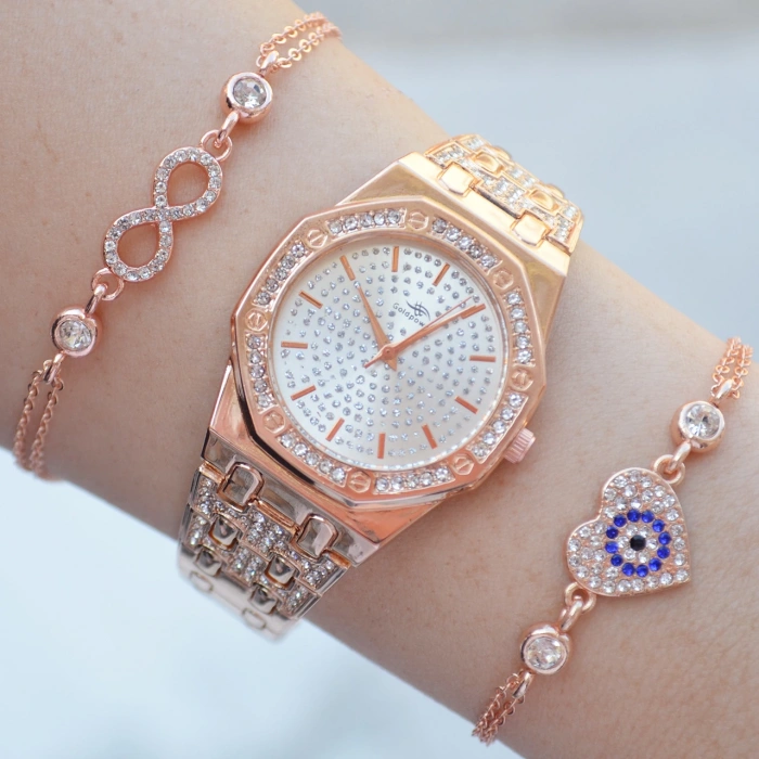 Rosegold Metal Kordon Kadın Saat Kombini 2607