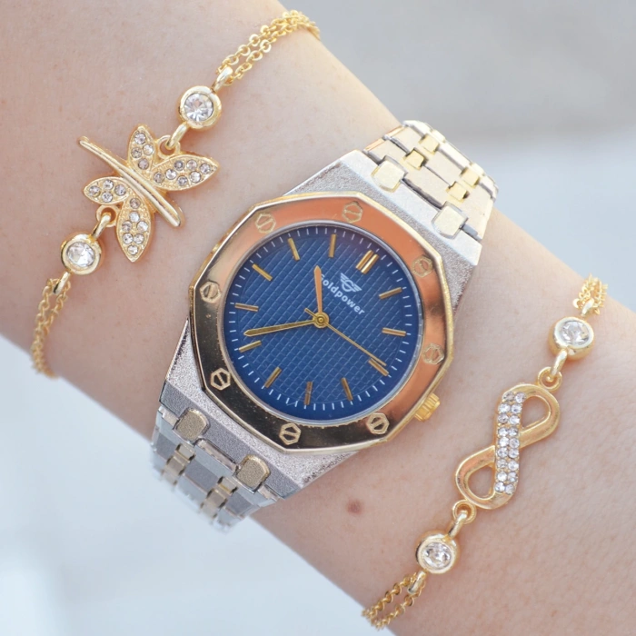 Silver Gold Metal Kordon Kadın Saat Kombini 2611