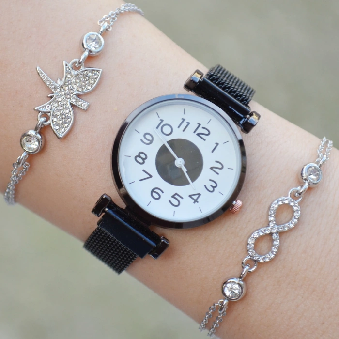 Siyah Mıknatıslı Hasır Kordon Kadın Saat Kombini 2719