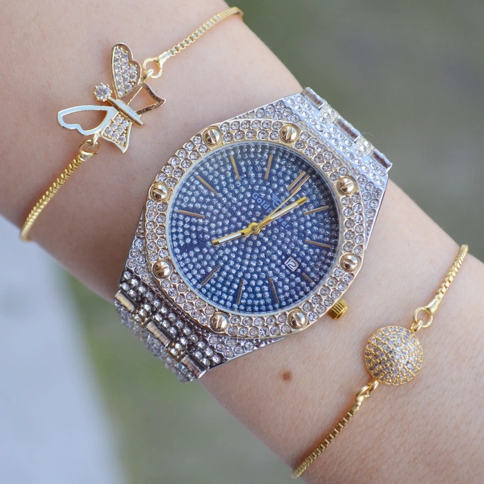 Silver Gold Metal Kordon Taşlı Kadın Saat Kombini 2729