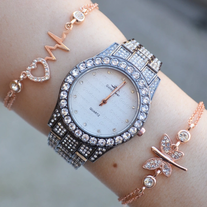 Siyah Metal Kordon Taşlı Kadın Saat Kombini 2737