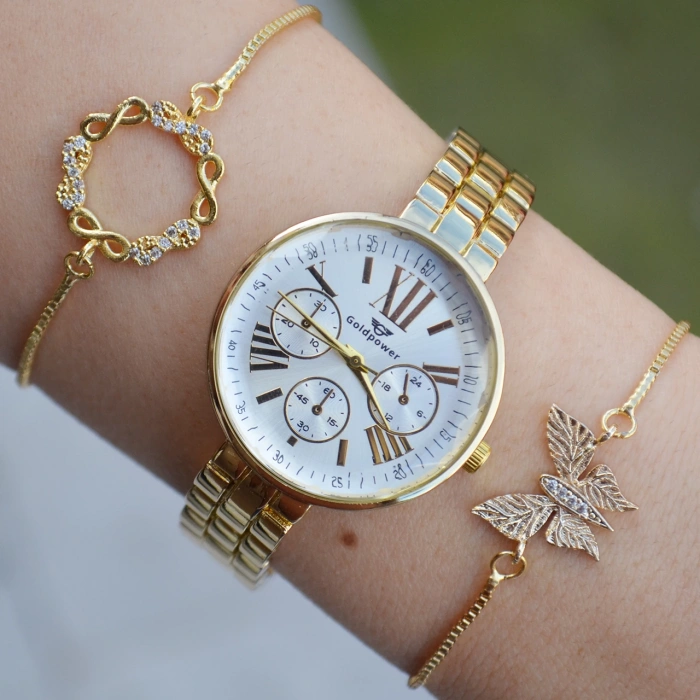 Gold Metal Kordon Kadın Saat Kombini 2753