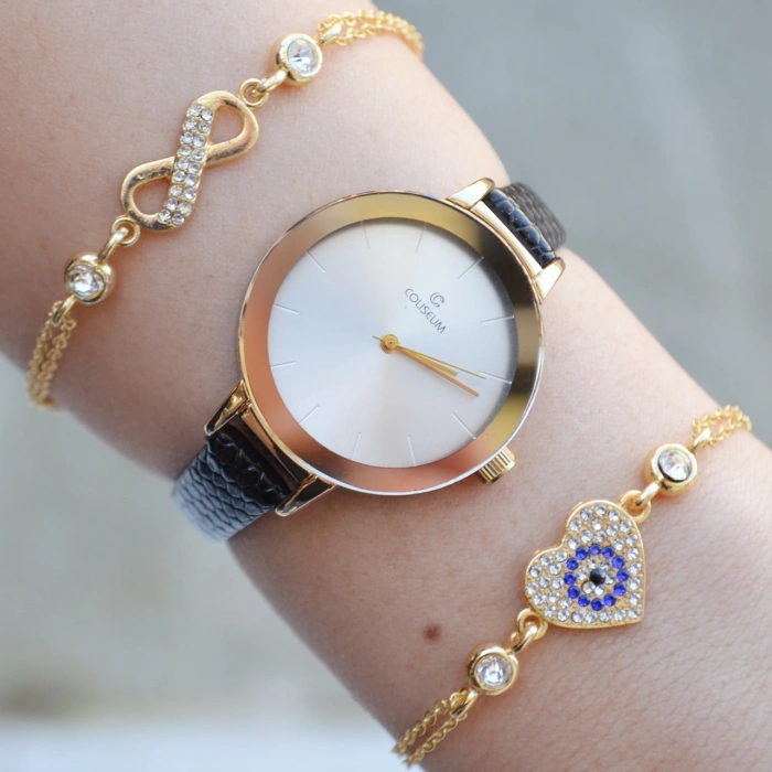 Siyah Deri Kordon Kadın Saat Kombini 2767