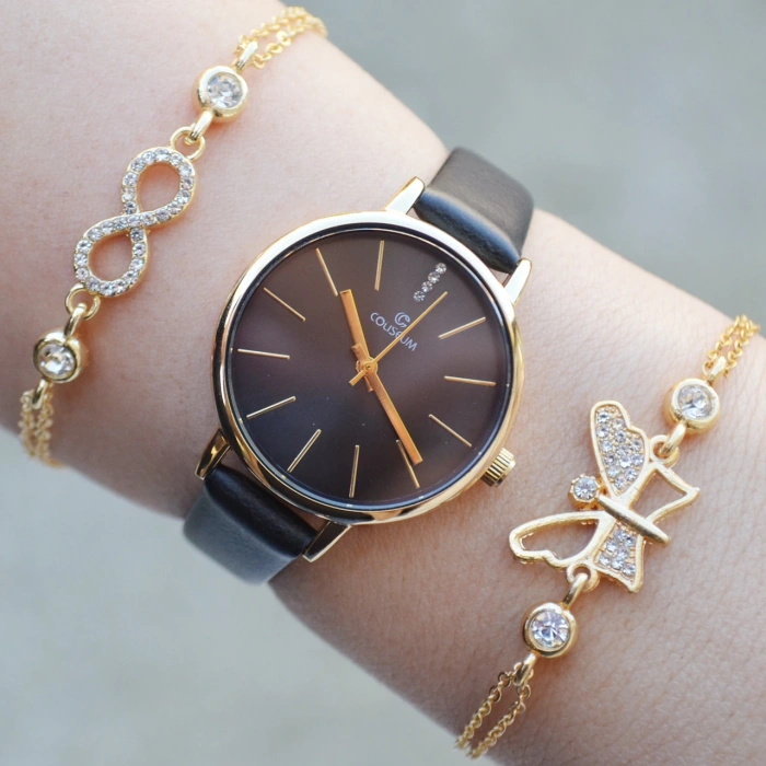 Siyah Deri Kordon Kadın Saat Kombini 2770