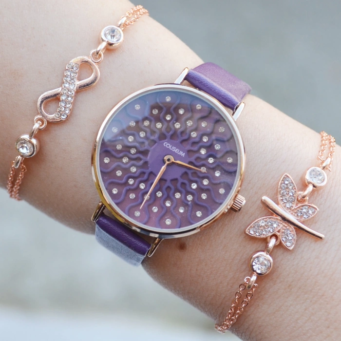 Mor Deri Kordon Kadın Saat Kombini 2777